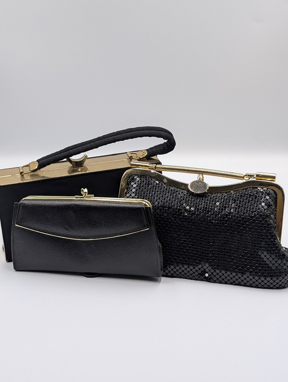 Set Of Vintage Black And Gold Evening Bags Clutch Pocketbook Mid Century